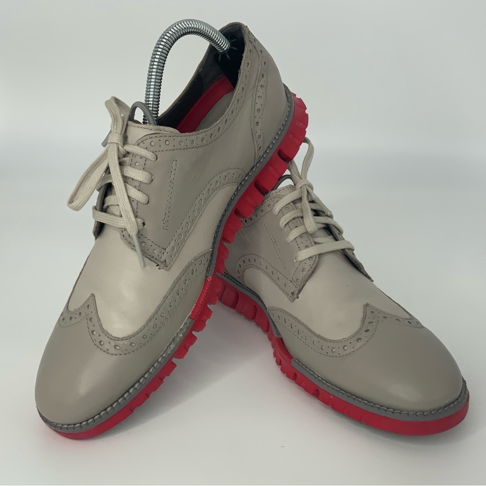 COLE Haan ZeroGrand Oxford Men Size 7.5 Gray/Red Leather Wingtip Brogue Sneakers